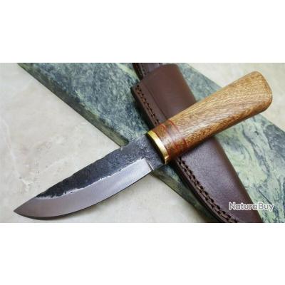 Couteau Skinner Lame Acier Carbone Manche Bois Etui Cuir Pa