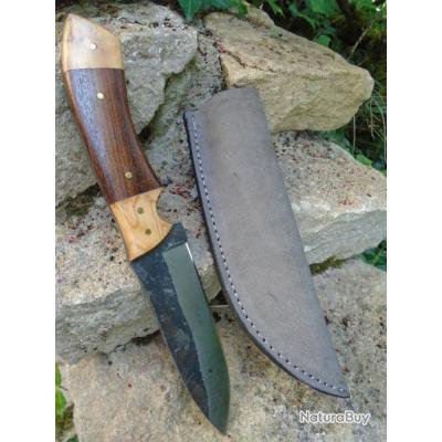 Couteau De Chasse Survie Bushcraft Lame Acier Carbone 1085 Etui Cuir