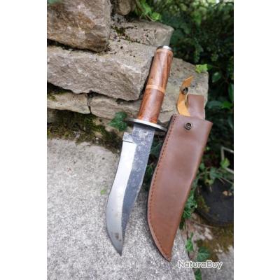 Couteau De Chasse Survie Bowie Lame Acier Carbone Etui Cuir Manche