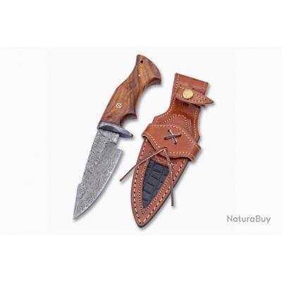 Couteau De Chasse FH Knifes Damas Fait Main Avec Etui En Cuir Manche