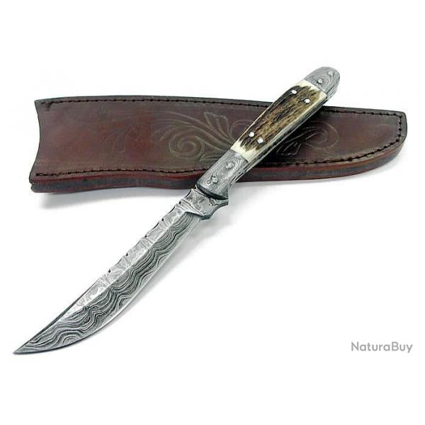 Couteau BOWIE Lame en DAMAS et manche en  BOIS DE CERF Damas Navaja Hunter DM1024