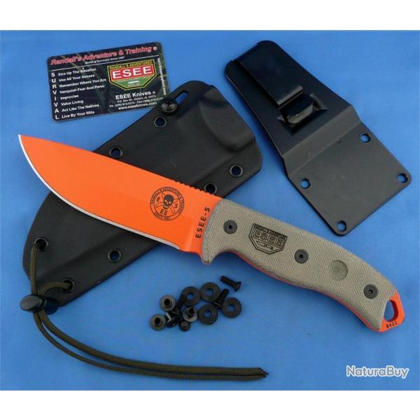 Couteau de Survie ESEE Model 5 RAT5 Orange Acier Carbone 1095 Manche Micarta Made In USA ES5POG