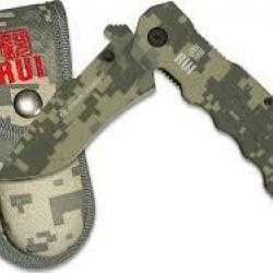Couteau Militaire Pliant  Vert Camouflage RUI avec étui Rigide et passant pour ceinture