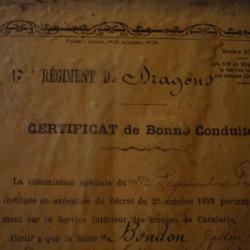 certificat de bonne conduite  du 17 eme regiment de Dragons