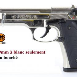 Pistolet BERETTA  Nickelé Chrome à blanc  Mod 92  Cal. 9mm PAK