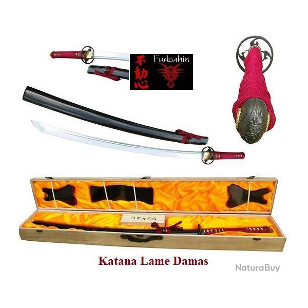 Katana  Lame  DAMAS ( Bois rouge et noir )