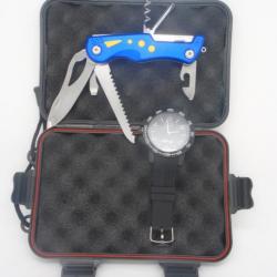 Coffret de survie Couteau Multifonction Bleu et Montre tactique