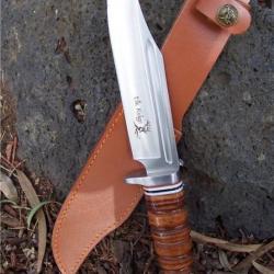 ER047 - COUTEAU  BOWIE DE CHASSE MANCHE CUIR Lame Acier 440 Etui Cuir ELK RIDGE