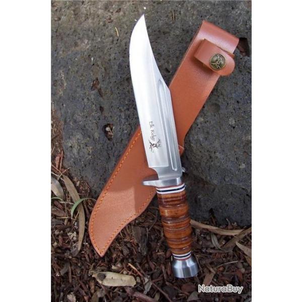 ER047 - COUTEAU  BOWIE DE CHASSE MANCHE CUIR Lame Acier 440 Etui Cuir ELK RIDGE