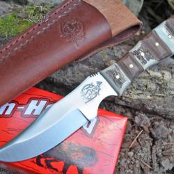 Couteau de Chasse Fox-N-Hound Hunter Acier Carbone/Inox Manche Bois & Bois de Cerf FH621