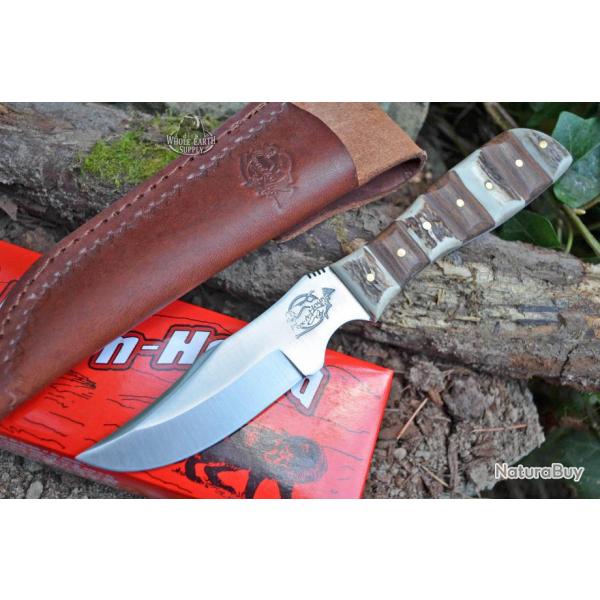 Couteau de Chasse Fox-N-Hound Hunter Acier Carbone/Inox Manche Bois & Bois de Cerf FH621