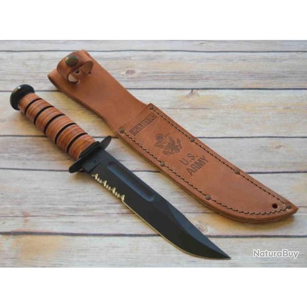 Couteau KA-BAR Army Fighting Knife Lame Carbone 1095 Serr Manche & Etui Cuir Made USA KA1219