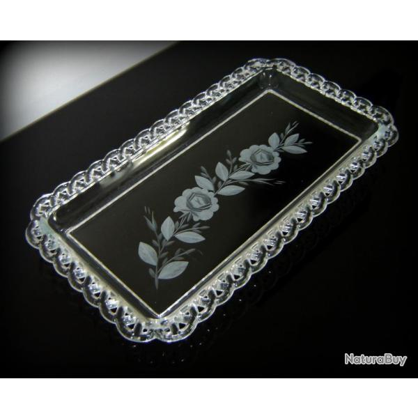 Ancien plat à gâteau en verre gravé à l'acide et au motif floral années 30-Plat à gâteau motif gravé