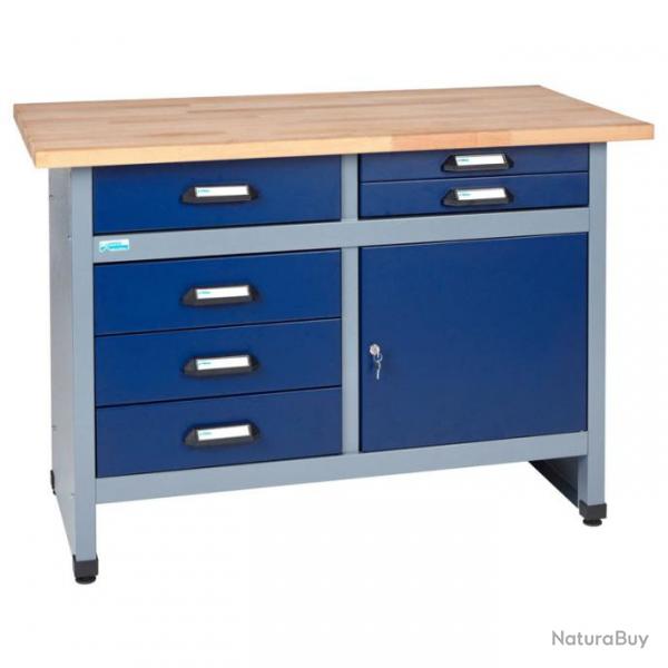 tabli Kpper 12247 bleu L120cm, 1 porte 6 tiroirs, plan de travail bois htre massif, structure mt