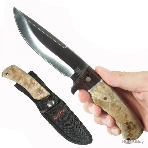 Couteau Poignard de Chasse Camping Rando Camp Acier 440 Manche Bois Etui Nylon RR844