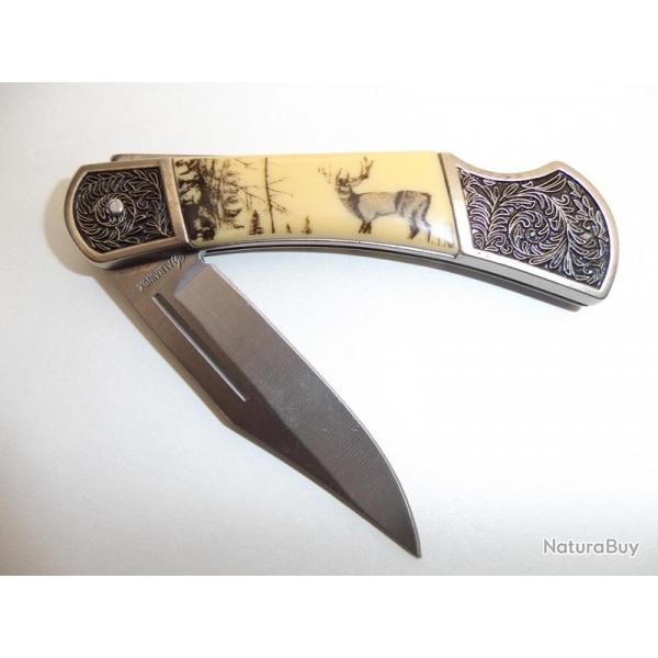 Couteau PLIANT de poche lame de 8 cm  Grav avec Dcor CERF