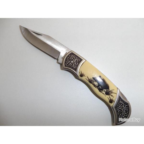 GROS Couteau PLIANT de poche lame de 8 cm  Grav avec Dcor SANGLIER