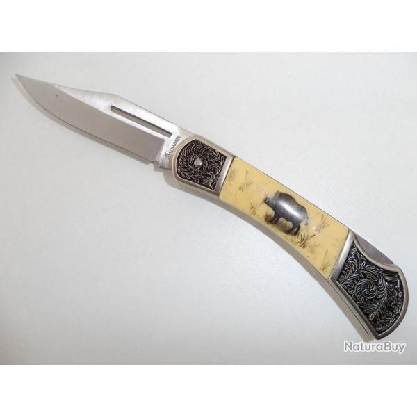 Couteau PLIANT de poche lame de 8 cm  Grav avec Dcor SANGLIER