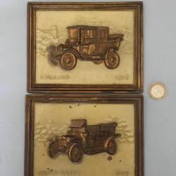 2 vintage plaque laiton voiture  rolls royce 1907 & packard 1912