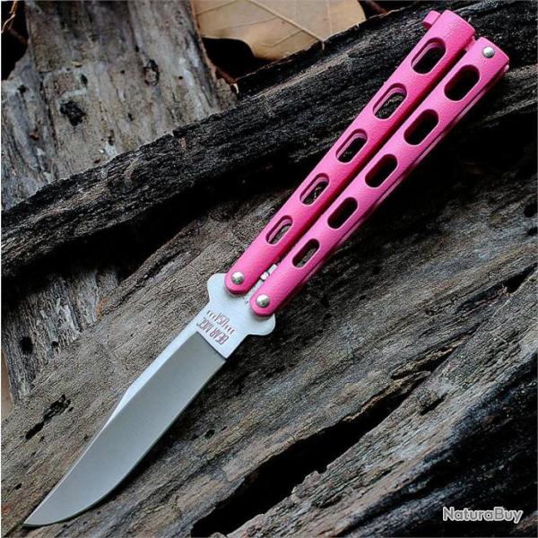 Couteau Papillon Balisong Bear & Sons Pink Acier 440 Manche Zinc Made In USA BC114PK