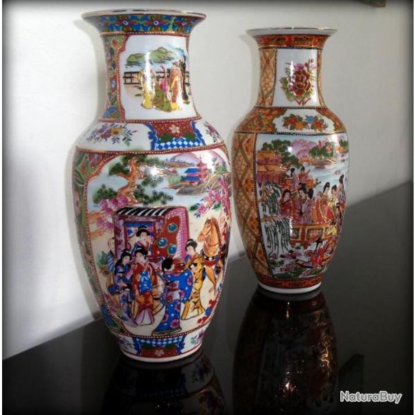 Paire-de-vases-aux-motifs-japonisant-porcelaine-de-Chine-XXeme-Belles dimensions 36x17cm