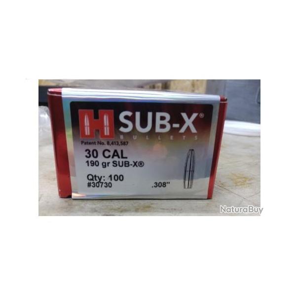 BOITE DE 100 OGIVES HORNADY SUB-X, CAL 30/308 190GR,