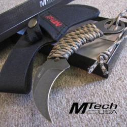 Couteau de Cou Karambit Mtech Lame Acier 440 Manche Paracorde Etui Kydex MT670