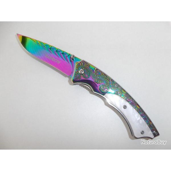 Couteau Dcoratif Pliant Rainbow de 8 cm Lame Titane Manche NACVRE