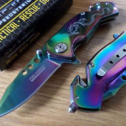 Couteau Tac Force Dragon Rainbow Acier Carbone/Inox Manche Alu Rainbow Cutter & Brise Vitres TF759RB