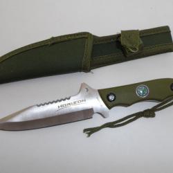Couteau Militaire Tactique HORIZON Vert de 24 cm avec Boussole et étui pour ceinture