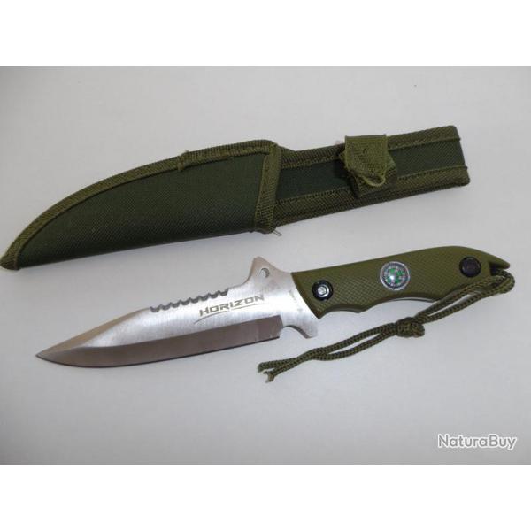 Couteau Militaire Tactique HORIZON Vert de 24 cm avec Boussole et tui pour ceinture