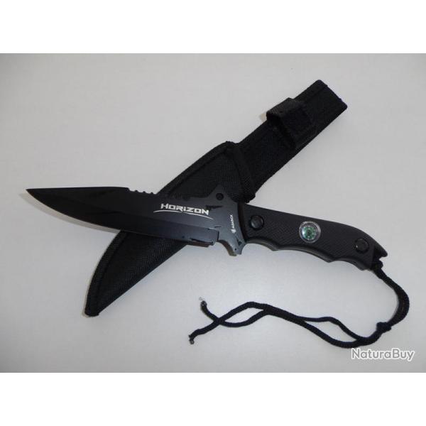 Couteau Tactique HORIZON Noir de 24 cm avec Boussole et tui pour ceinture