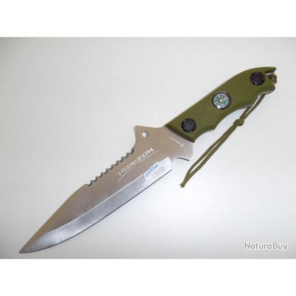 Couteau Militaire Tactique HORIZON Vert de 29 cm avec Boussole et tui pour ceinture