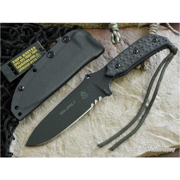 Couteau Tops Mil-SPIE 5 Military Acier Carbone 1095 Manche Micarta Etui Kydex Made In USA TPMIL05