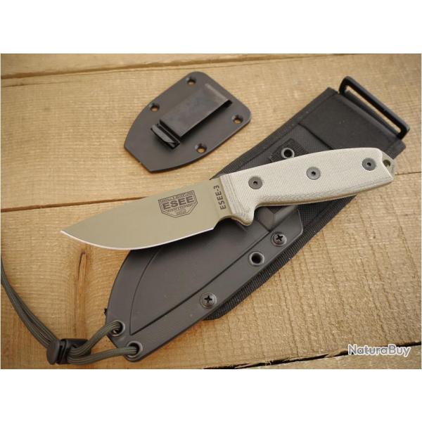 Couteau ESEE Model 3 Dark Earth Carbone 1095 Manche Micarta Etui Kydex + Molle USA ES3PMBDE
