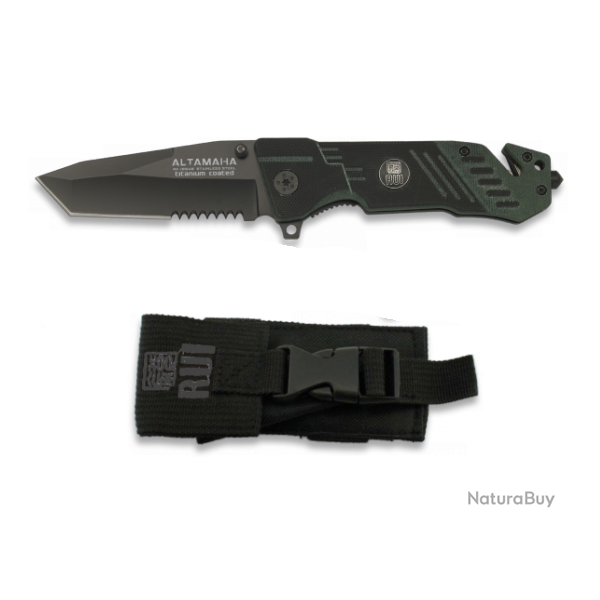 Magnifique Couteau RUI G10  (ALTAMAHA )  avec coupe ceinture et brise vitre Bicolore Vert et Noir