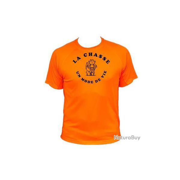 Tee-shirt technique respirant orange fluo 100% polyester logo sanglier "La chasse un mode de vie"
