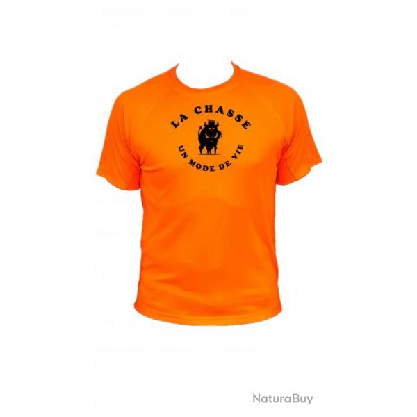 Tee-shirt technique respirant orange fluo 100% polyester "La chasse un mode de vie"