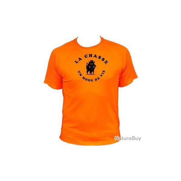 Tee-shirt technique respirant orange fluo 100% polyester "La chasse un mode de vie" sanglier noir