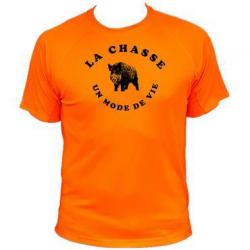 Tee-shirt technique respirant orange fluo 100% polyester sanglier "La chasse un mode de vie"