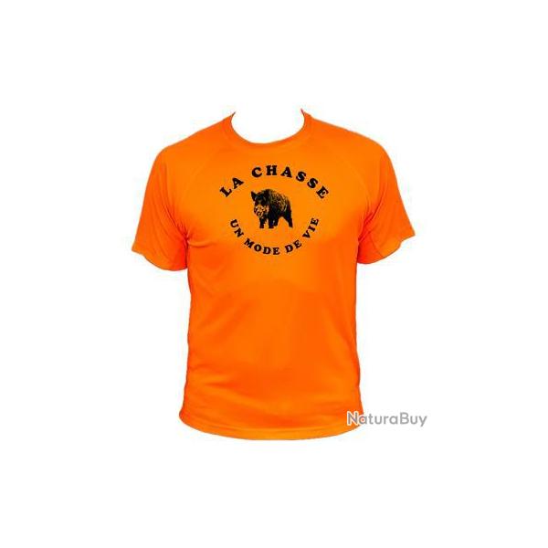 Tee-shirt technique respirant orange fluo 100% polyester sanglier "La chasse un mode de vie"