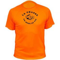 Tee-shirt technique respirant orange fluo 100% polyester "La chasse un mode de vie" sanglier