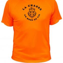Tee-shirt technique respirant orange fluo 100% polyester "La chasse un mode de vie" tête sanglier