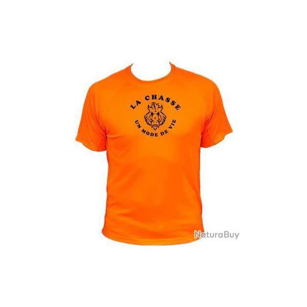 Tee-shirt technique respirant orange fluo 100% polyester "La chasse un mode de vie" sanglier face