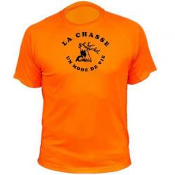 Tee-shirt technique respirant orange fluo 100% polyester "La chasse un mode de vie" tête chevreuil