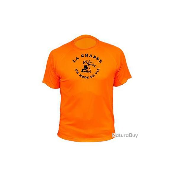 Tee-shirt technique respirant orange fluo 100% polyester "La chasse un mode de vie" tte chevreuil