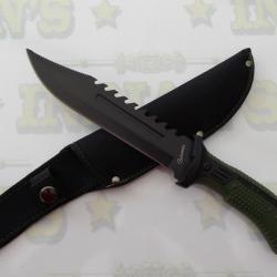Couteau Militaire Tactique avec coupe barbelé Vert et Noir avec étui pour ceinture