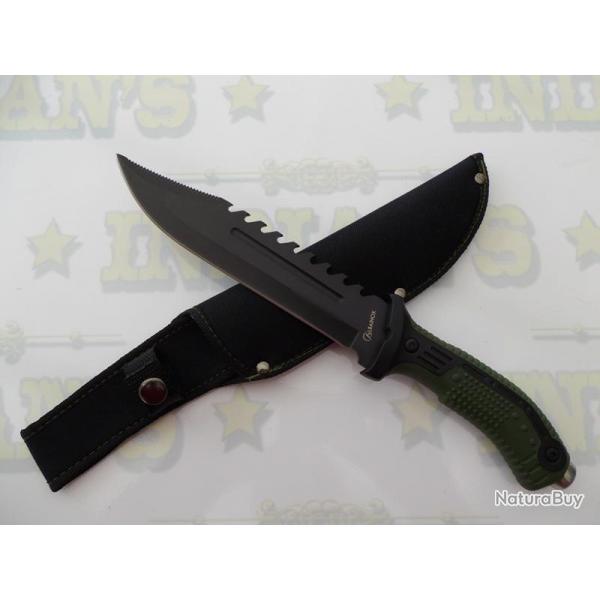 Couteau Militaire Tactique avec coupe barbel Vert et Noir avec tui pour ceinture