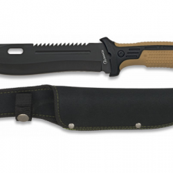 Couteau Militaire Tactique coupe barbelé Sable et Noir avec étui pour ceinture