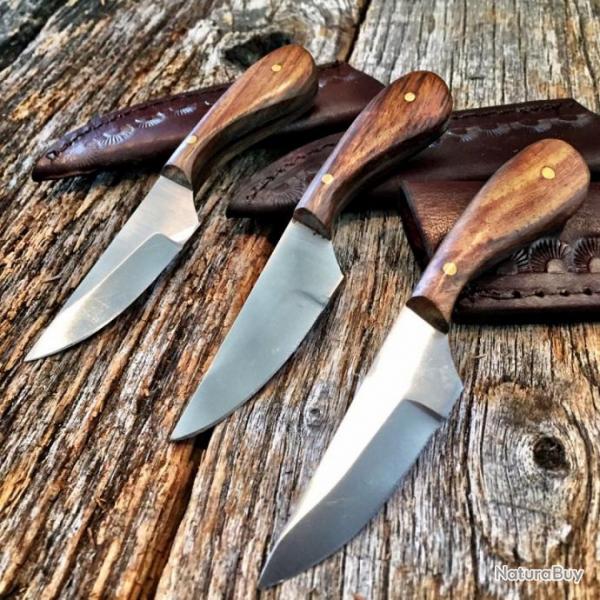 Lot de 3 Couteaux Bushcraft Skinner Lame Acier Inox Manche Bois Etui Cuir PA7991